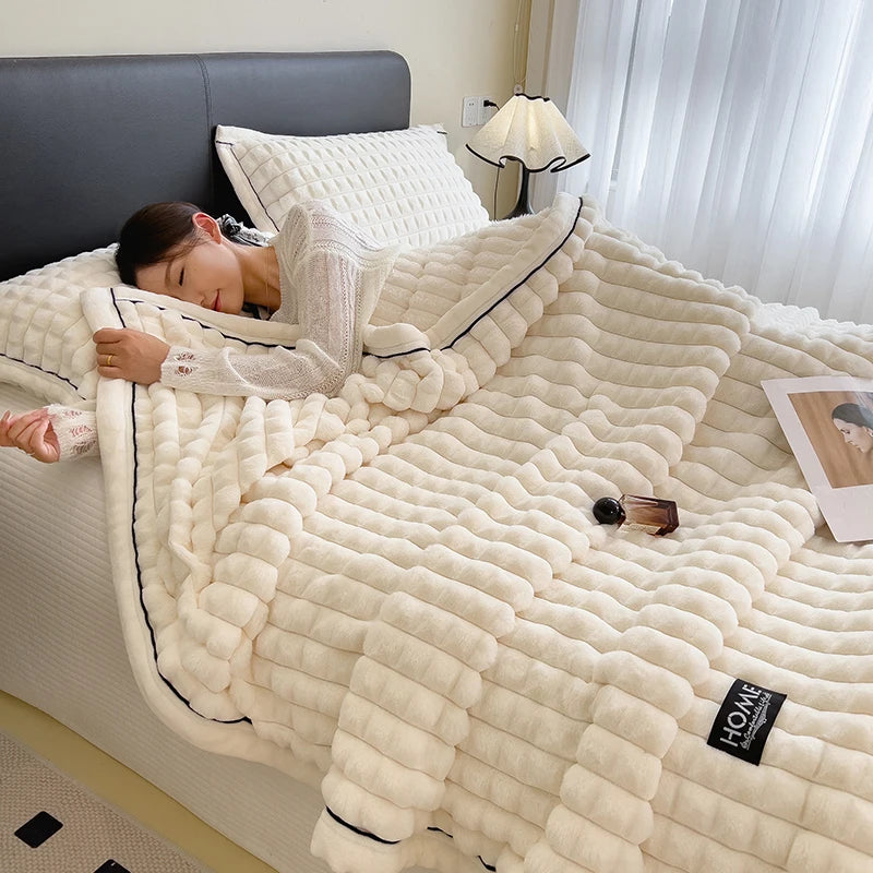 高級二層フェイクラビットファーブランケット