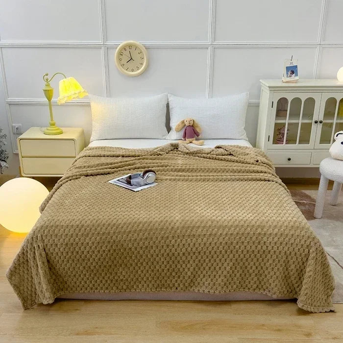 ふわふわファーの冬用チェック柄ブランケット