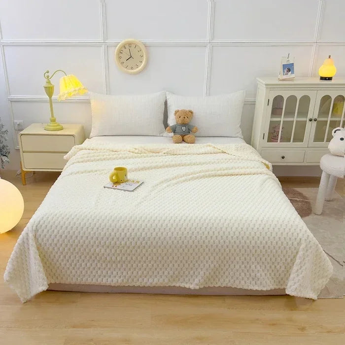 ふわふわファーの冬用チェック柄ブランケット