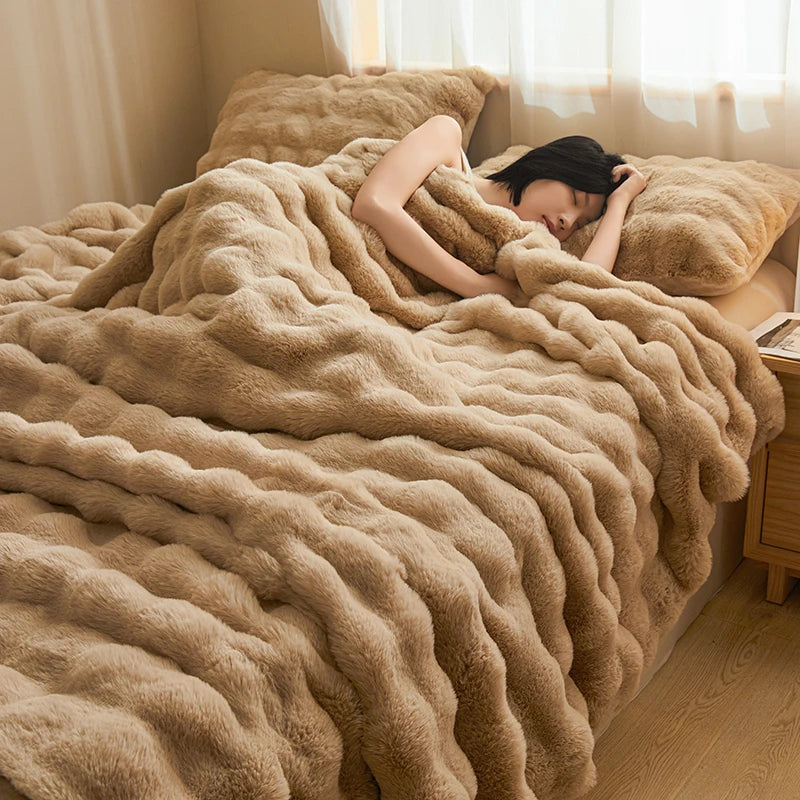 高級無地フェイクラビットファーブランケット