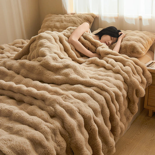 高級無地フェイクラビットファーブランケット
